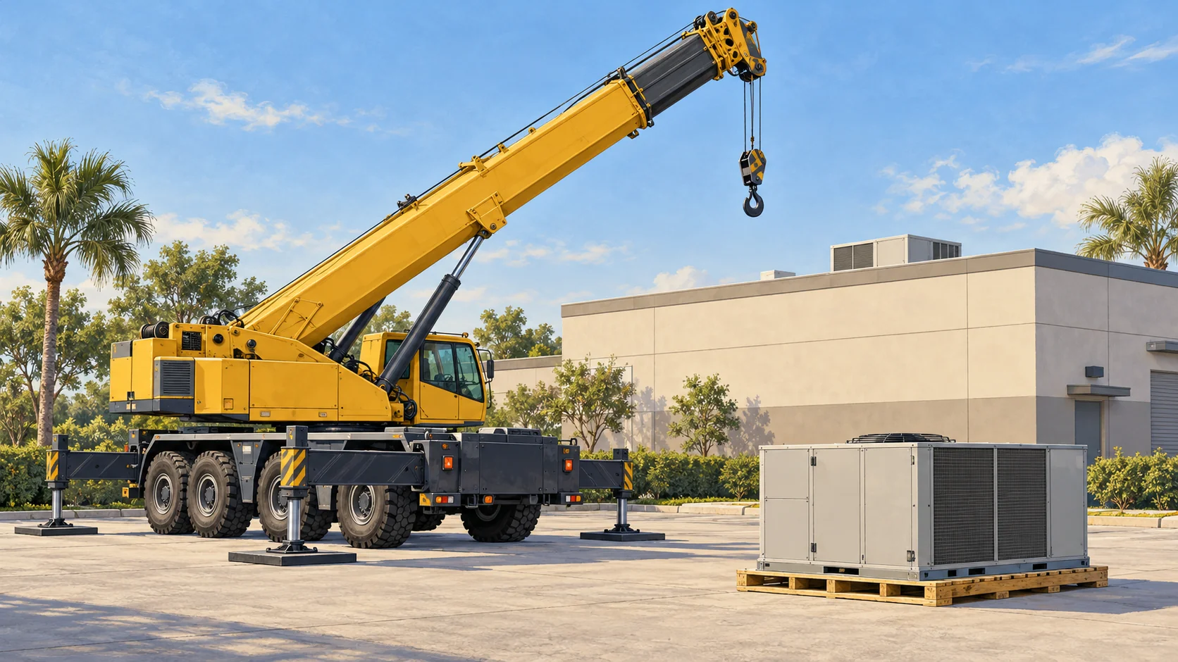 Editorial illustration of crane and packaged HVAC equipment at a commercial project staging area.